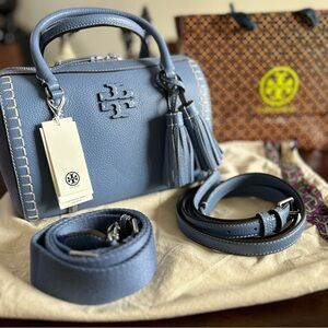 Tory Burch Thea Whipstitch Blue Leather Satchel Bluewood Handbag